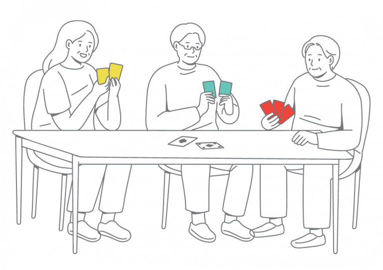 Line drawing of three older people playing cards together.