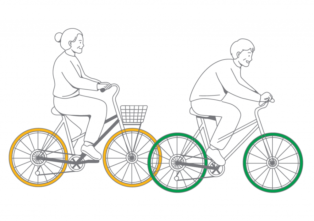 Line drawing of an older man and woman riding bikes.