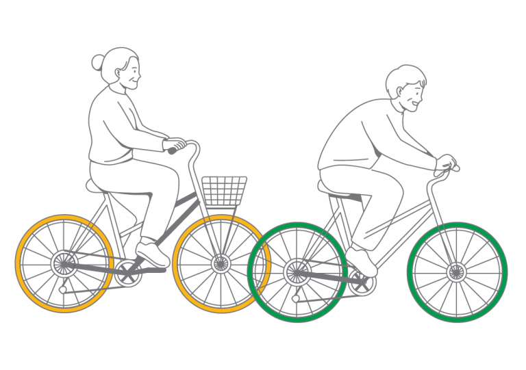 Line drawing of an older man and woman riding bikes.