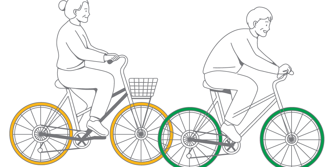 Line drawing of an older man and woman riding bikes.