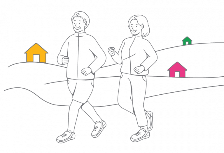 Line drawing of an older man and woman running through their community.
